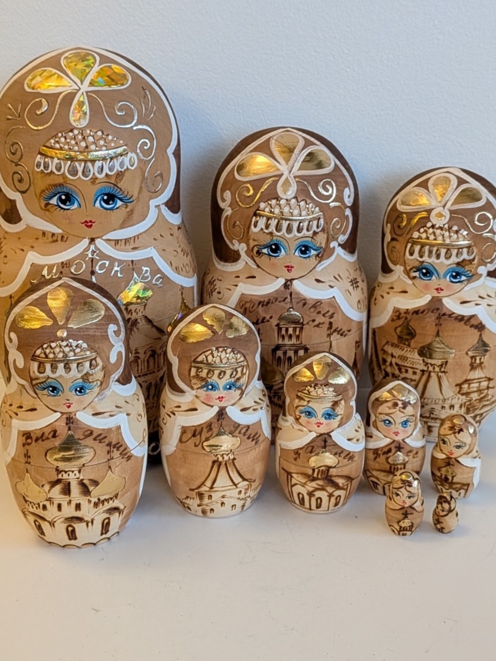 Vintage Matryoshka Nesting dolls, set of 10 Russian folk art gold gilt Pyrograph